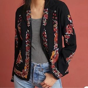 Maeve by Anthropology embroidered black floral one button woman's blazer. 4